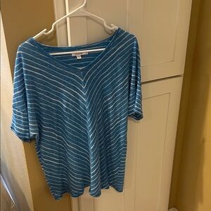 Chico's Teal & White Striped V-Neck Short Sleeve Top